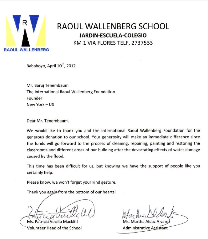 Carta de agradecimiento « The International Raoul Wallenberg Foundation